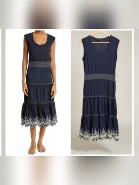 VERONICA BEARD Amaia Jersey Top Tiered Eyelet Midi Dress Navy Blue Size L